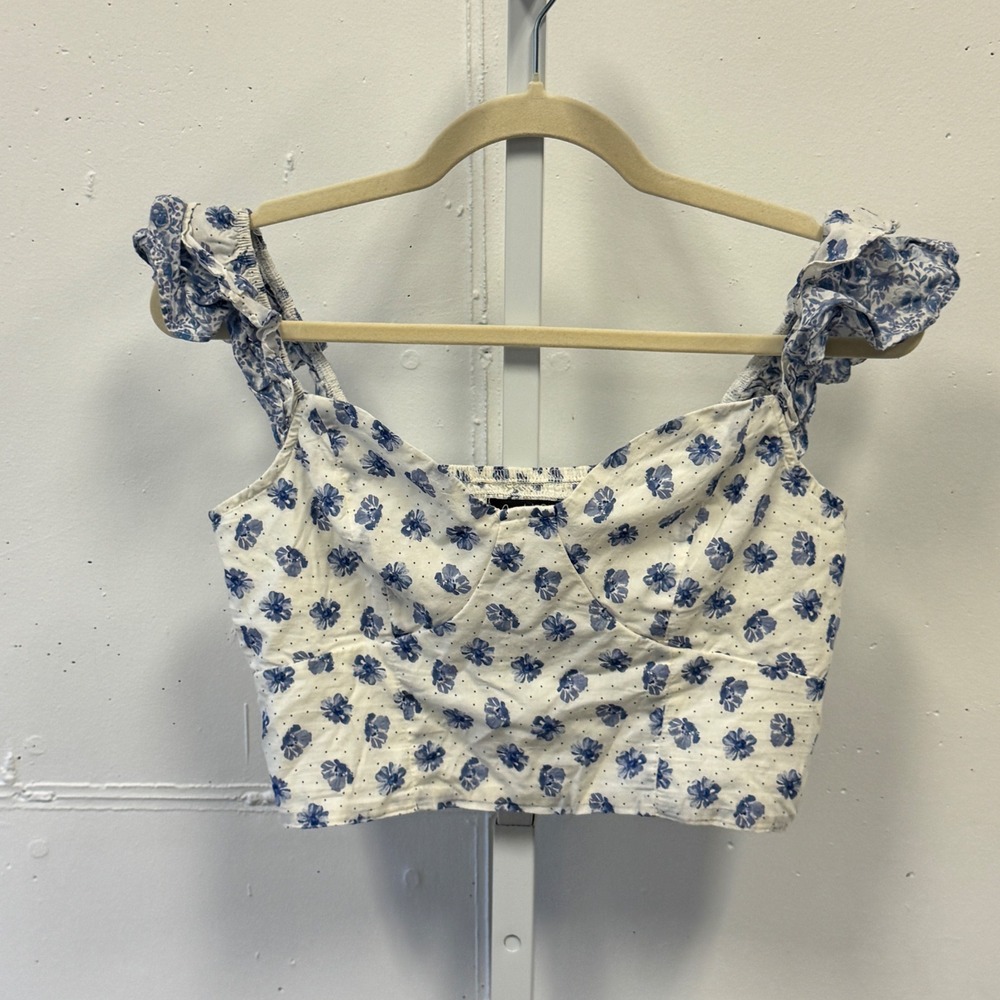 Crystal Sky Blue Floral Ruffle Strap Smocked Crop Top Sweetheart Neck Medium